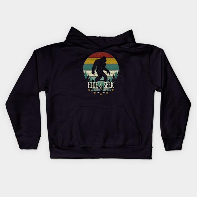 Hide and Seek World Champion Retro Vintage Bigfoot Sunset Kids Hoodie by Tesszero